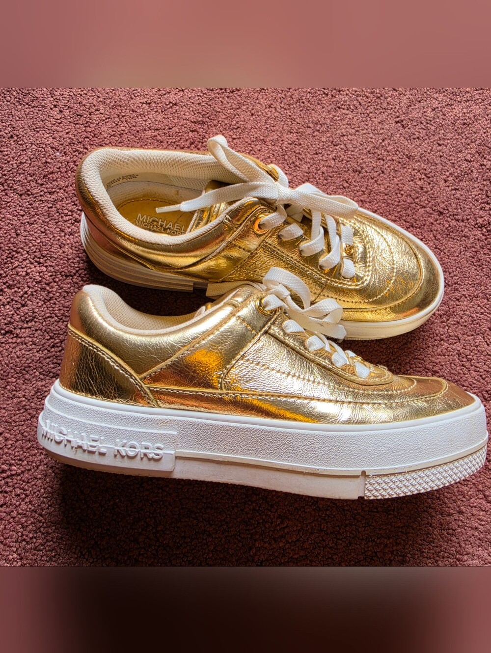 Michael Kors Cream and Gold Leather-Trim Sneakers